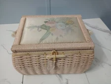 Vintage Wicker Woven Sewing Basket With 12 Vintage Wooden Spool Threads And More