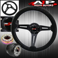 For 86-98 Rx7 Black Wood Grain Sparkling Steering Wheel + Slim Quick Release