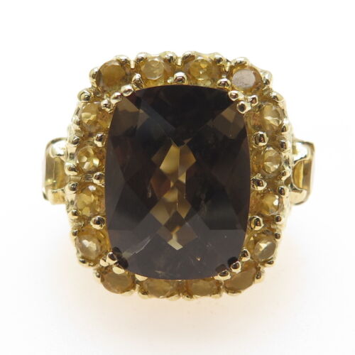 925 Sterling Silver Gold Plated Real Smoky Quartz & Citrine Ring Size 7 - Picture 3 of 9