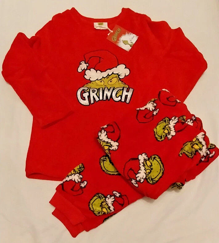 Grinch Fleece Pyjama Set Pjs Red Glitter Womens S XL