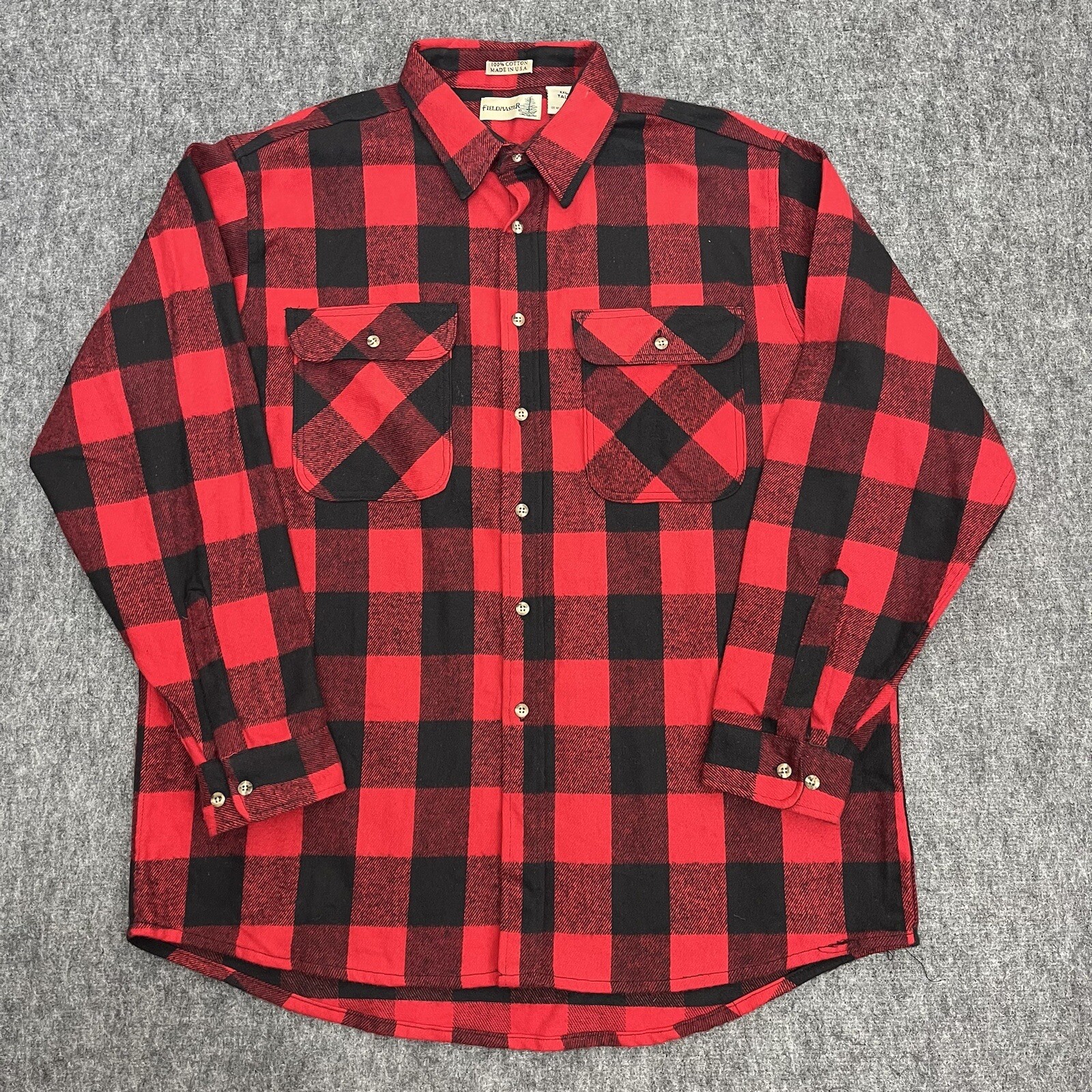 Fieldmaster VTG Red Buffalo Plaid Flannel Shirt Mens 2XL Tall 100% Cotton USA