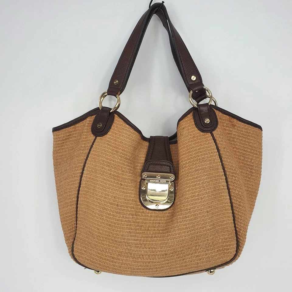 Michael Kors Neutral Straw Tote Bag Brown Leather Trim Gold Hardware Resort - Image 2 of 4