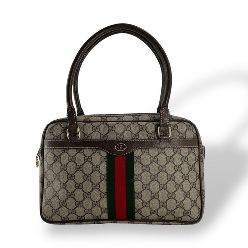 Gucci Vintage GG Sherry Mini Boston Hand Bag PVC Leather Brown Beige Used Womens