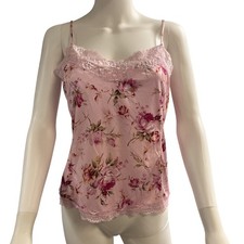 Vintage Pink Satin Floral Cami Tank Top Lace Trim Size XL Feminine Romantic Y2K