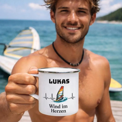 Emaille Tasse Windsurfen personalisiert Name Surfer Geschenk Camping