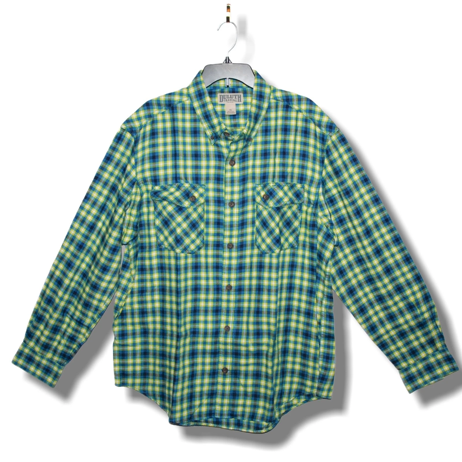 DULUTH TRADING CO. Men's XL Green Yellow Long Sleeve Flannel Shirt Cotton Blend