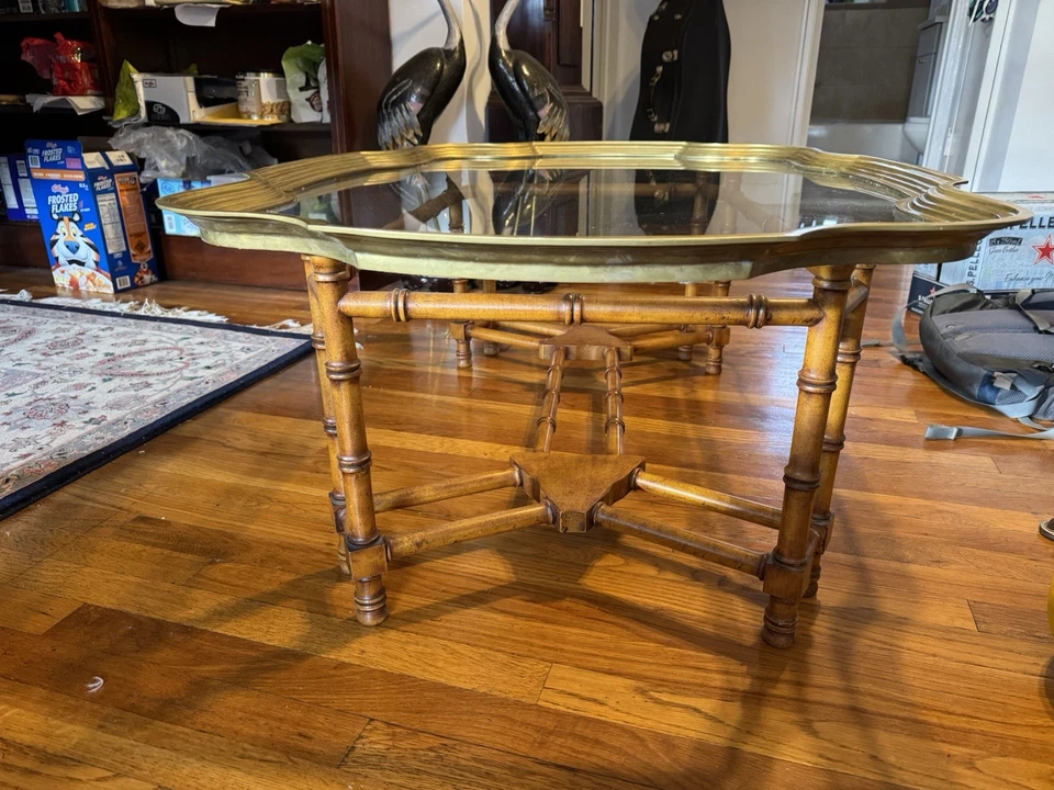 Regency Style  Brass Frame Glass Top Coffee Table Faux Bamboo Base - Image 3 of 4
