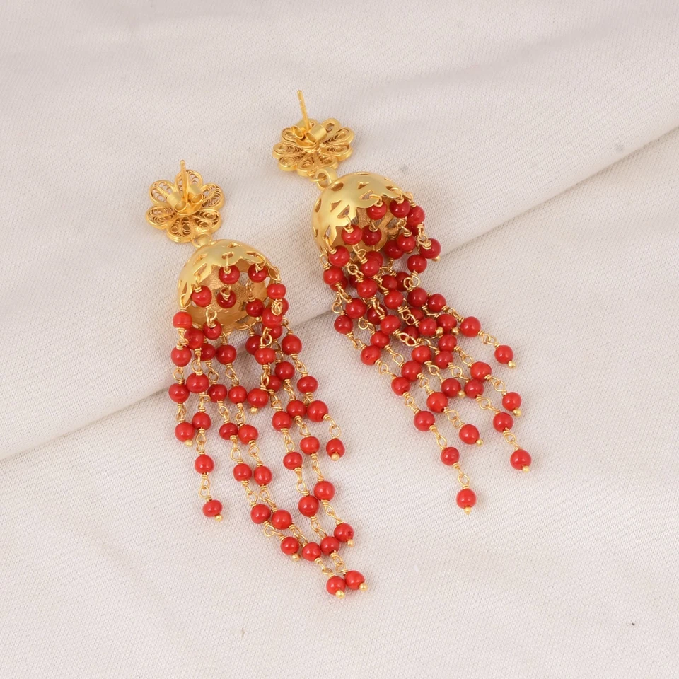 Long Chandelier Red Coral Earring Bead Gemstone 925 Silver Wedding Jhumka Jhumki - Image 2 of 4