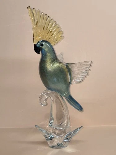 Vintage 15" Murano Art Glass Bird Parrot Cockatoo Blue Gold Flecks Statue