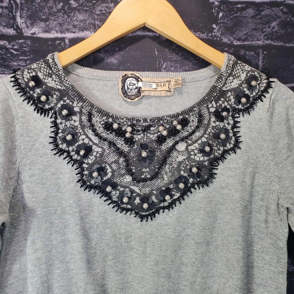 Forever 21 Sweater Womens Medium Gray Lace Pearl Beaded Whimsey Goth Boho Top - Image 4 of 4