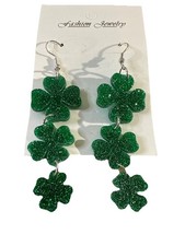 Green Shamrock Dangle Earrings Glittery Acrylic New On Card Irish 2 1/2