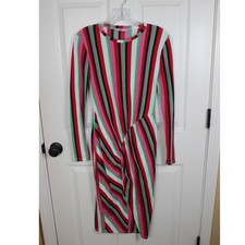 Zara Woman Basic Long Sleeve Striped Twist Front Ribbed Midi Dress Red Pink S