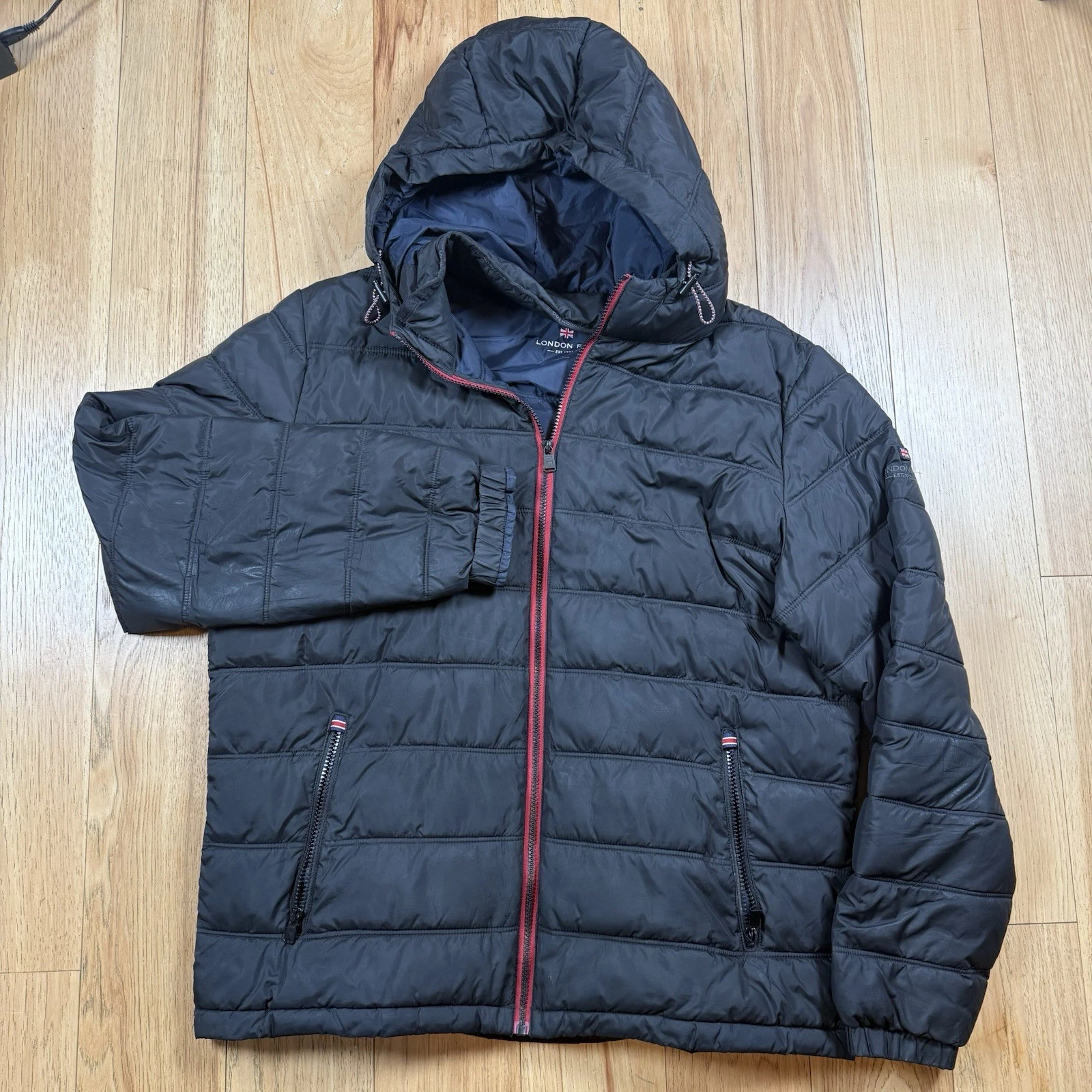 London Fog Puffer Jacket Mens Large Full Zip Hood Water Resistant Lightweight