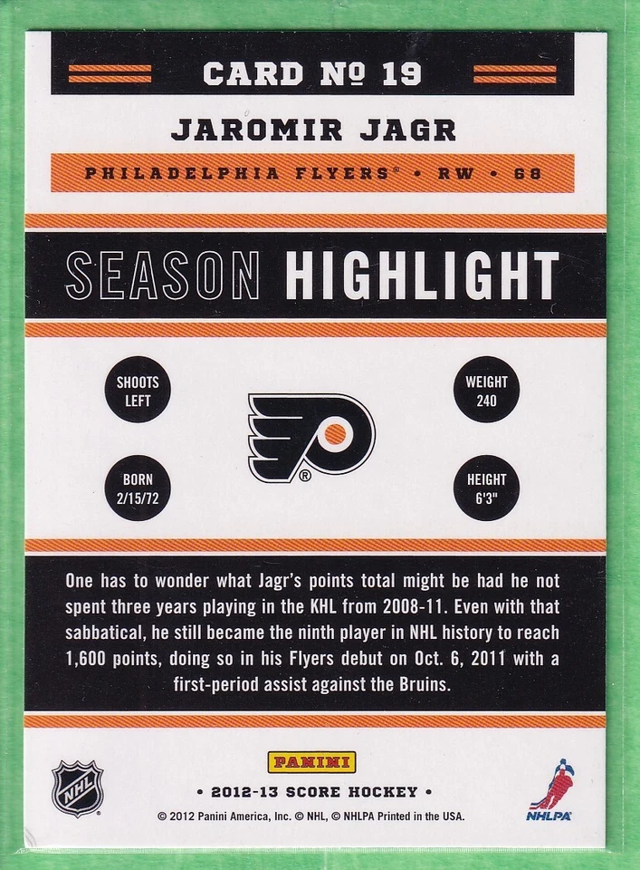 2012-13 Score #19 Jaromir Jagr Philadelphia Flyers Season Highlight - Image 2 of 2