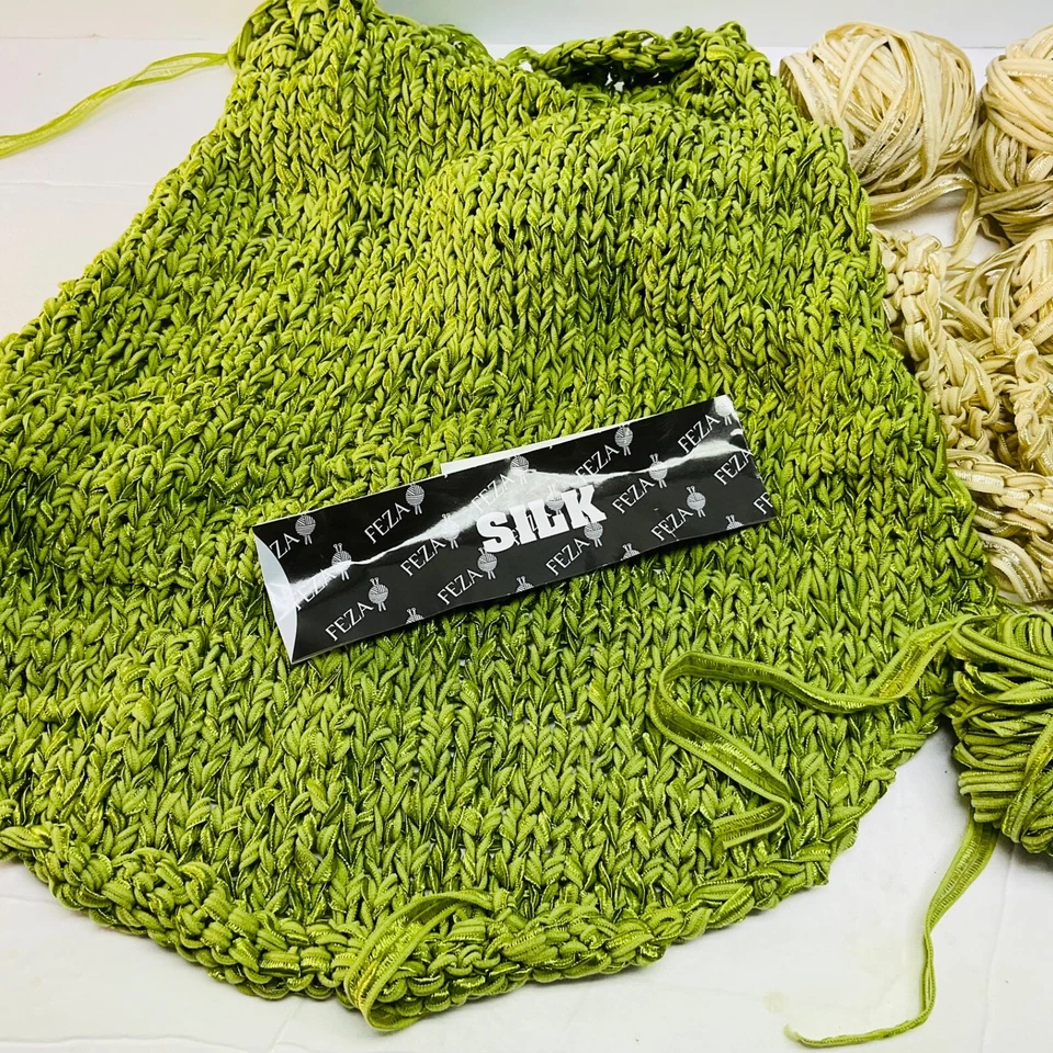 Feza Ribbon Yarn Named SilkBut 100% Poly Lot of Started Project & Balls - Image 3 of 4
