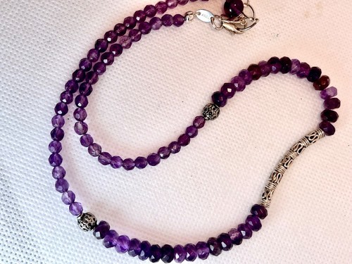 Amethyst 18 Zoll Halskette massiv Sterlingsilber Bali Anhänger Design echte Edelsteine - Bild 3 von 7