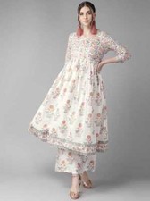 Printed White Floral Cotton Anarkali Kurta Bollywood Indian Pakistani Kurti