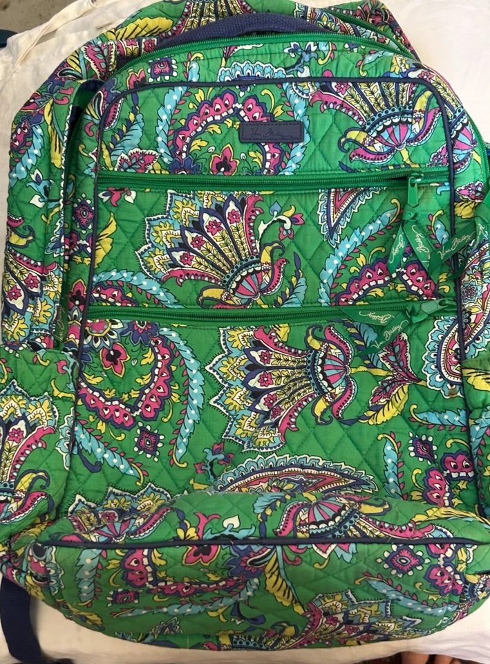 Vera Bradley Emerald Green Paisley Essential Laptop Backpack 7-Pocket EXCELLENT