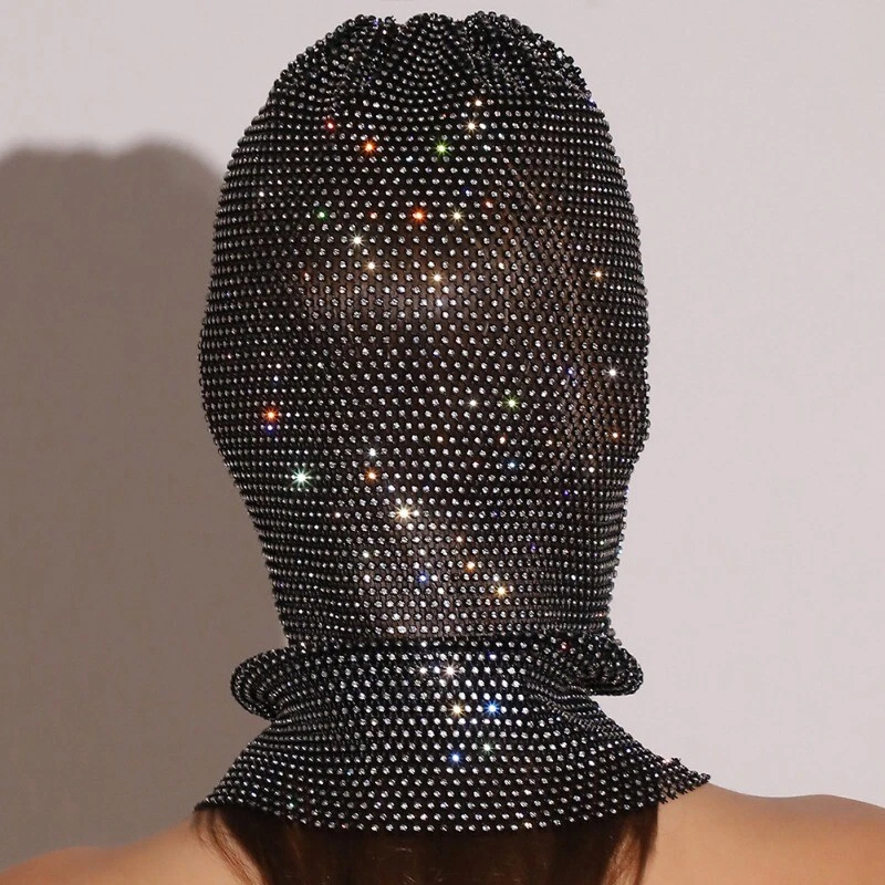 ladies Rhinestone Face Mask Balaclava Crystal Glitter Headwear Party Mesh - Image 4 of 4