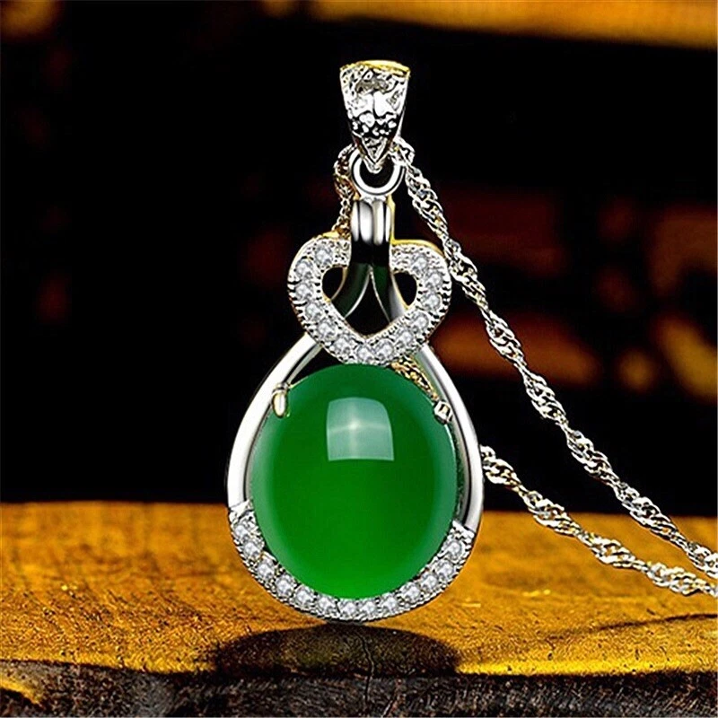 Sterling Silver Natural Green Jade Love Heart Shaped Pendant