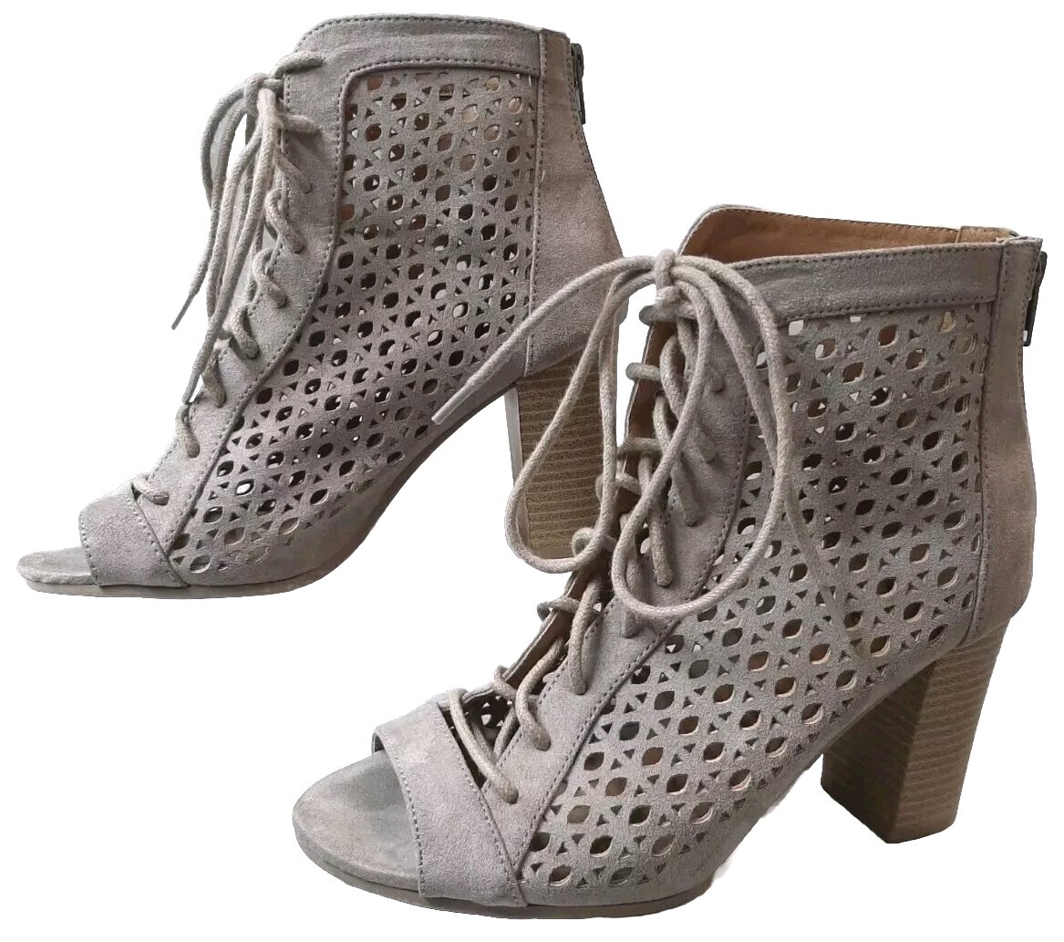 Lace Up Grey Booties Open Toe Qupid Faux Suede Lace Up Peep Toe