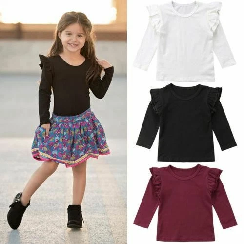 Kid Girl Sweet Ruffled Solid Long-sleeve Tee