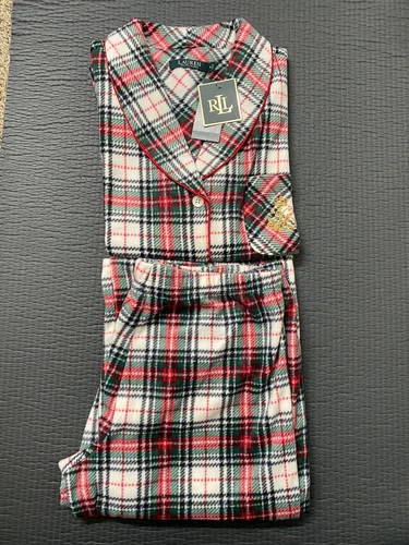 Polo Ralph Lauren Tartan Plaid Multi Color Collar WomenPajama 2Ps Set Sz-Large