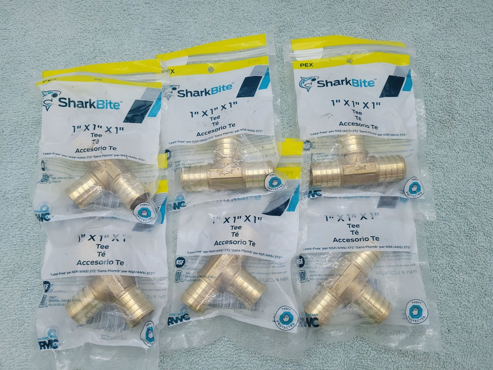 6 New PEX Sharkbite  1" x 1" x 1" Brass Barb Crimp Tee UC374LFA NOS