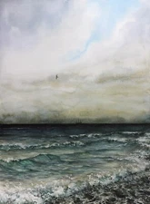 Original Painting Seascape Before Rain Watercolor Artwork 13 by 18 in