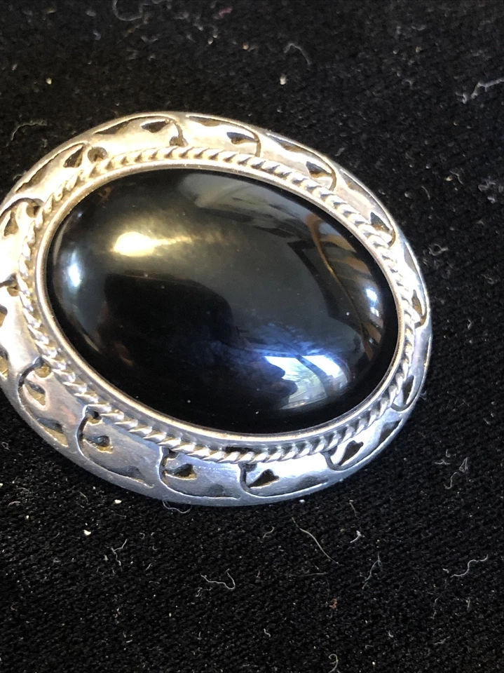 Mexico Sterling Silver 925 Large Oval Black Onyx Brooch or Pendant Gorgeous