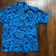 1960s Hawaiian Button Down Shirt Vintage Rockabilly 50s 60s Loop Collar Blue