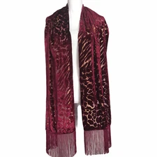 NWT INC Wine Gold Metallic Sheer Velvet Giraffe Animal Tassel Scarf Wrap #MQ2