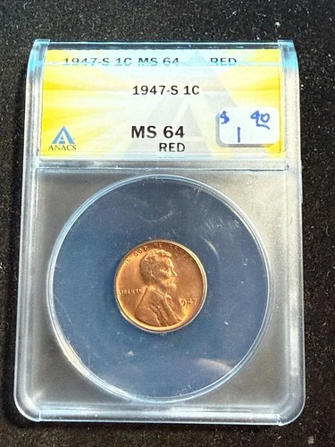 1947 S LINCOLN WHEAT CENT ANACS MS 64 RD 216