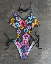 Women's black floral swimsuit string cut away open back padded high leg size 12