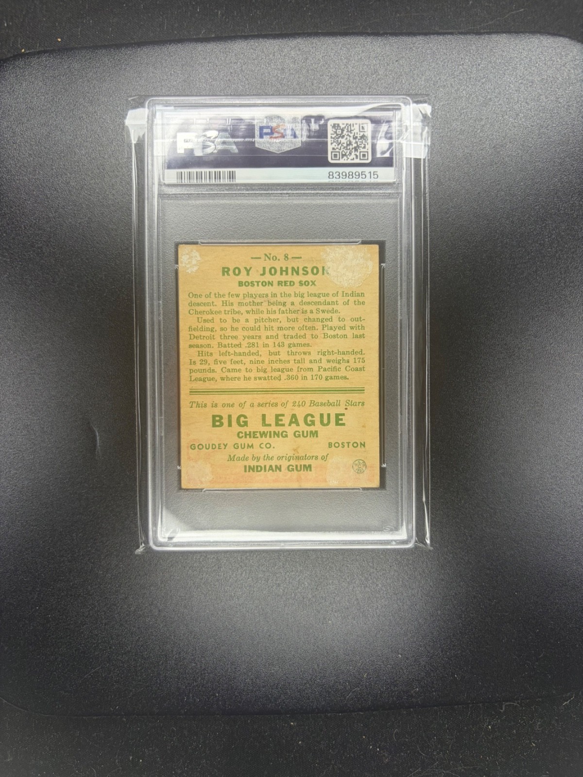 1933 Goudey Roy Johnson #8 Red Sox PSA 1 Eye Appeal view 2