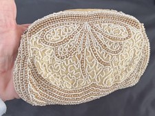 Vtg Beaded Dance Clutch Purse Evening Bag Art Deco Flapper Style White Beige