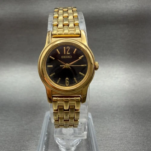 Seiko Watch Women 19mm Black Dial Gold Tone Round 1n01-0gd0 New Battery Vintage