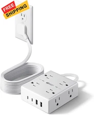 10Ft Extension Cord with Multiple Outlets, Flat Plug Surge 10FT, White 