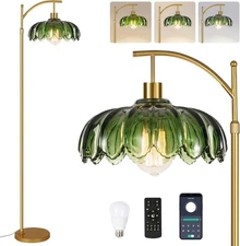 Gold Arc Floor Lamp w Remote Dimmable Brass Green Glass Mid Century Boho