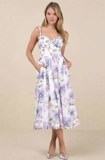 White Purple Floral Midi Fit & Flare Sundress Lace Up Back Sleeveless Pockets