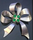 Sterling Stamped: Vintage; 925 Silver 3 Green-1 clear glass handmade bow brooch — photo 8