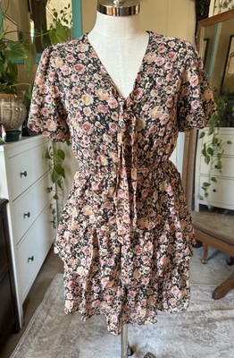 Mimi Chica pink Floral Black Dress with layered ruffles, size Large juniors