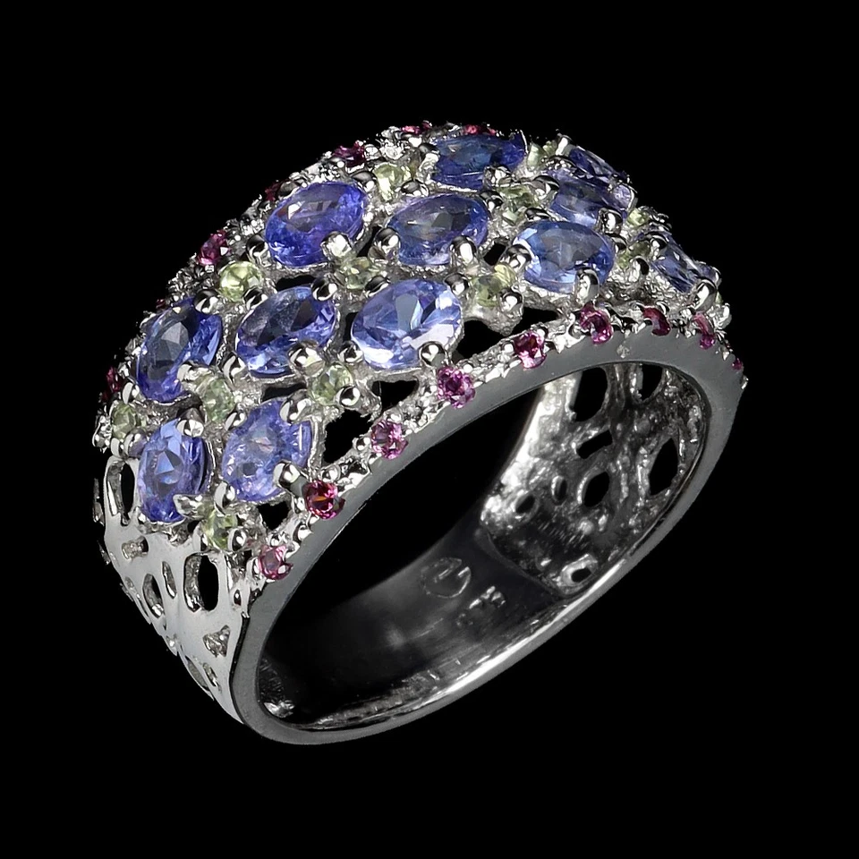 925 Sterling Silver Ring Oval Tanzanite Peridot Rhodolite Gemstone Jewelry Size - Image 2 of 4