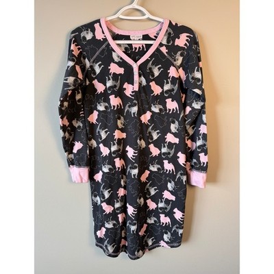 Emily Jane Pug Dog Print Nightgown Long Sleeve Henley Sleep Shirt Gray Pink XS