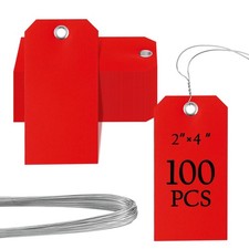 100 Pieces 2x4 inch Plastic Shipping Tags with Wires Heavy Duty 2" x 4", Red