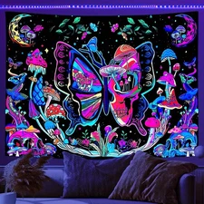 1pc Vibrant Mushroom Butterfly Floral Plant Fluorescent Tapestry - Unique Bedroo