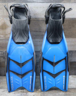 Deep See Aqua Glide Adjustable Snorkel Dive Split Fins L/XL  9-13  Blue Black