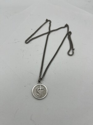 Vintage 3D I Am A Methodist Pendant Flame And Cross Silver Tone