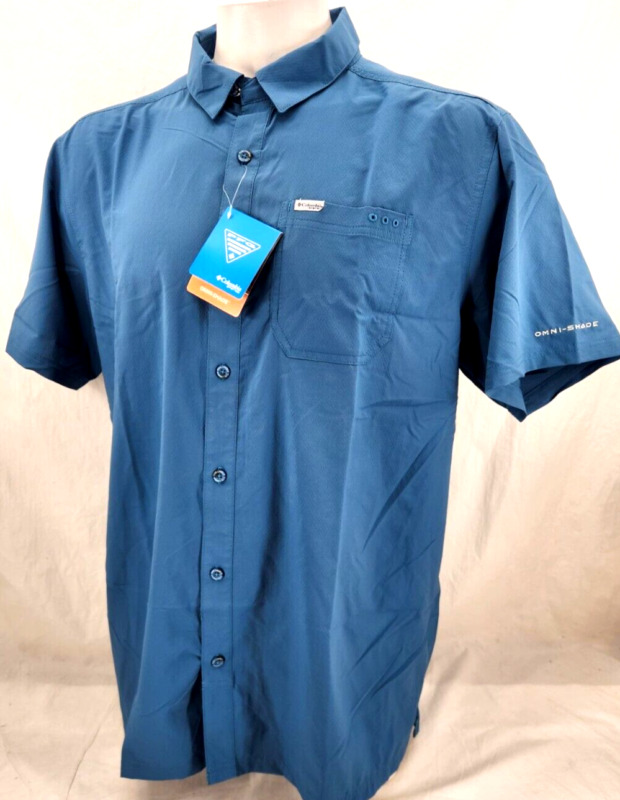 NEW Columbia PFG Slack Tide Camp Blue Button Down Collared SS Shirt Men's XL