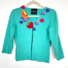 Michael Simon Womens XS/S Cardigan Sweater Fruit Embroidered Artsy Beaded Green